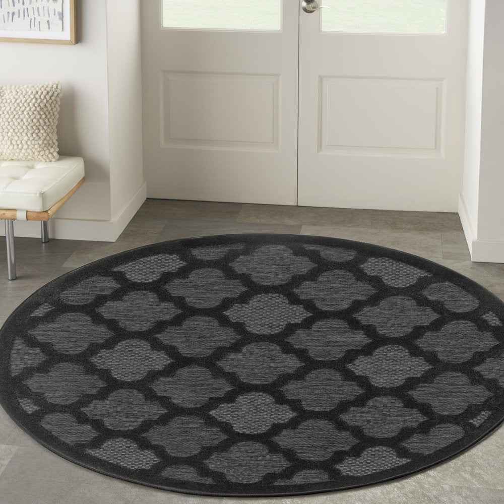 5' Charcoal And Black Round Trellis Indoor Outdoor Area Rug — view 7