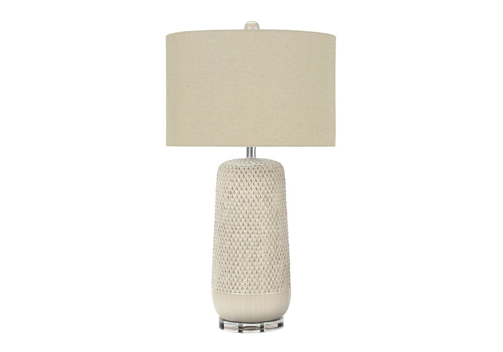31" Cream Ceramic Geometric Table Lamp With Beige Drum Shade — view 1