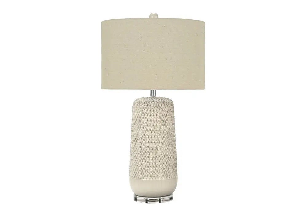 31" Cream Ceramic Geometric Table Lamp With Beige Drum Shade HomeRoots