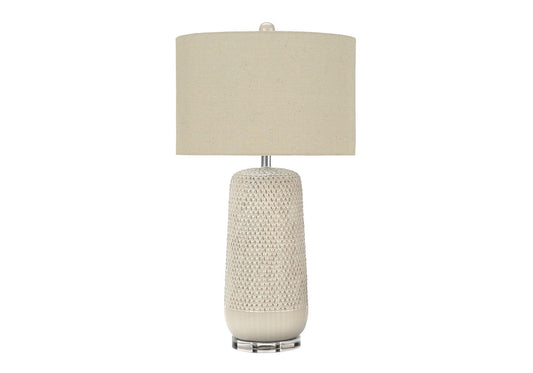 31" Cream Ceramic Geometric Table Lamp With Beige Drum Shade - FurniFindUSA