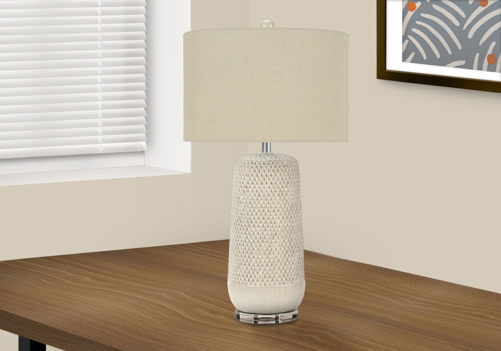 31" Cream Ceramic Geometric Table Lamp With Beige Drum Shade — view 2