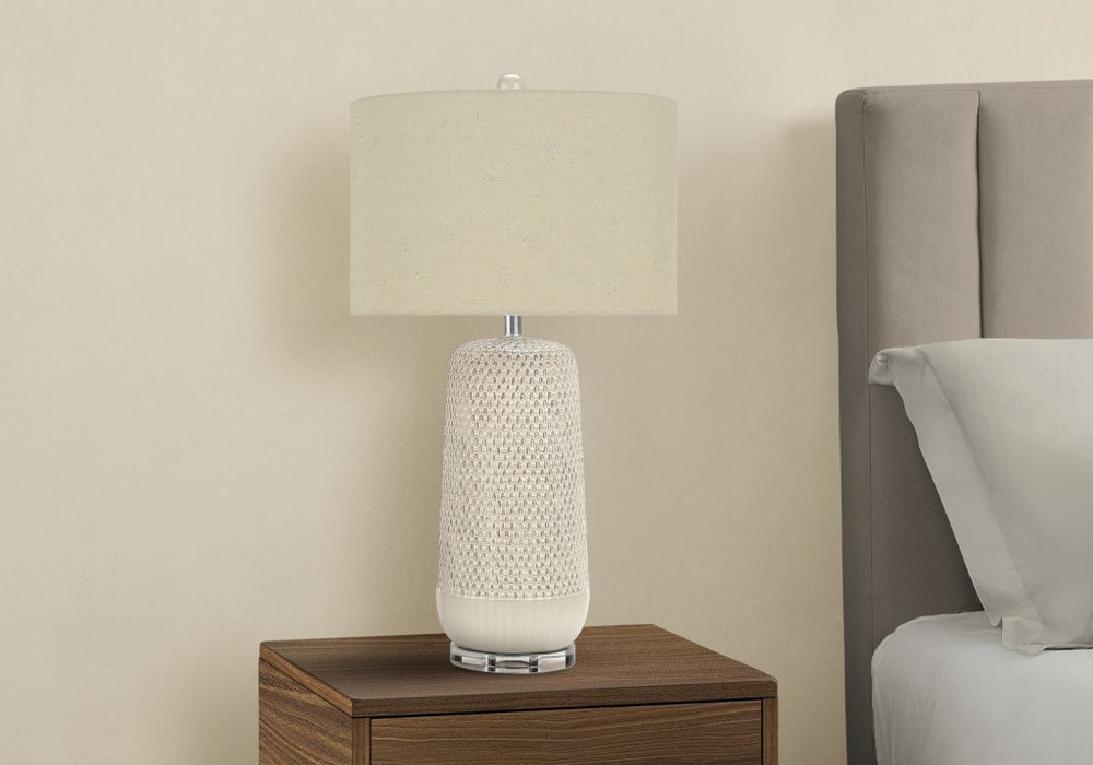 31" Cream Ceramic Geometric Table Lamp With Beige Drum Shade — view 3