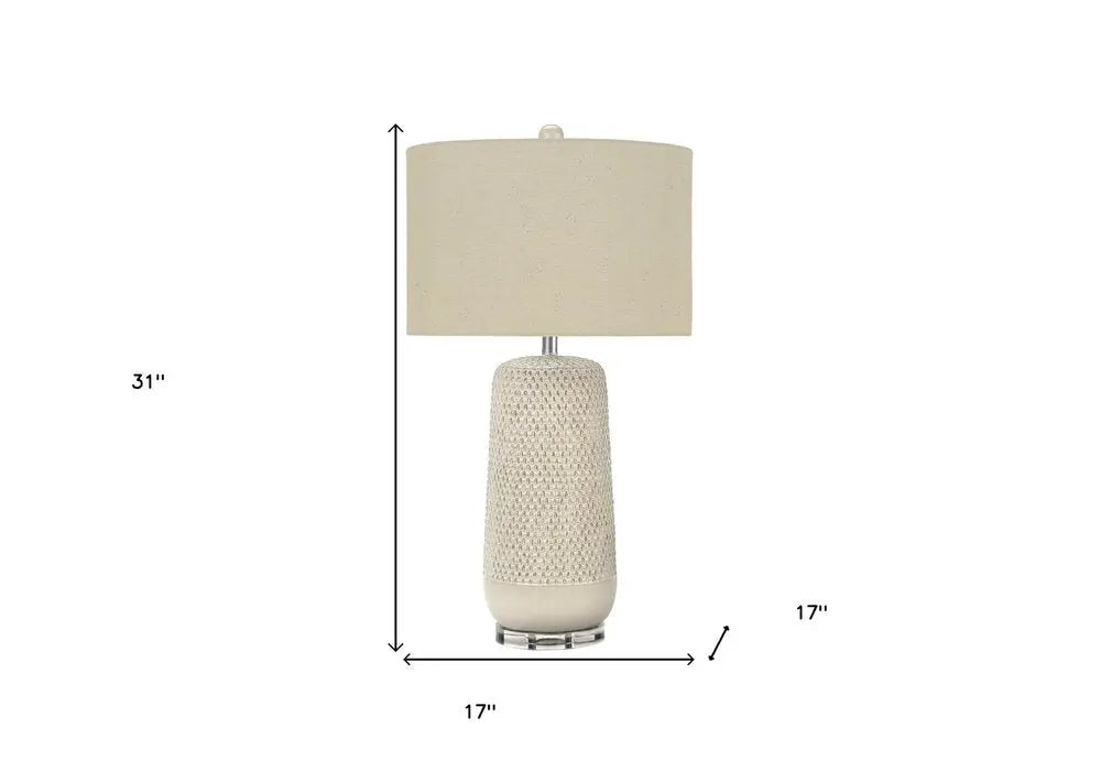 31" Cream Ceramic Geometric Table Lamp With Beige Drum Shade HomeRoots