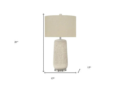 31" Cream Ceramic Geometric Table Lamp With Beige Drum Shade HomeRoots