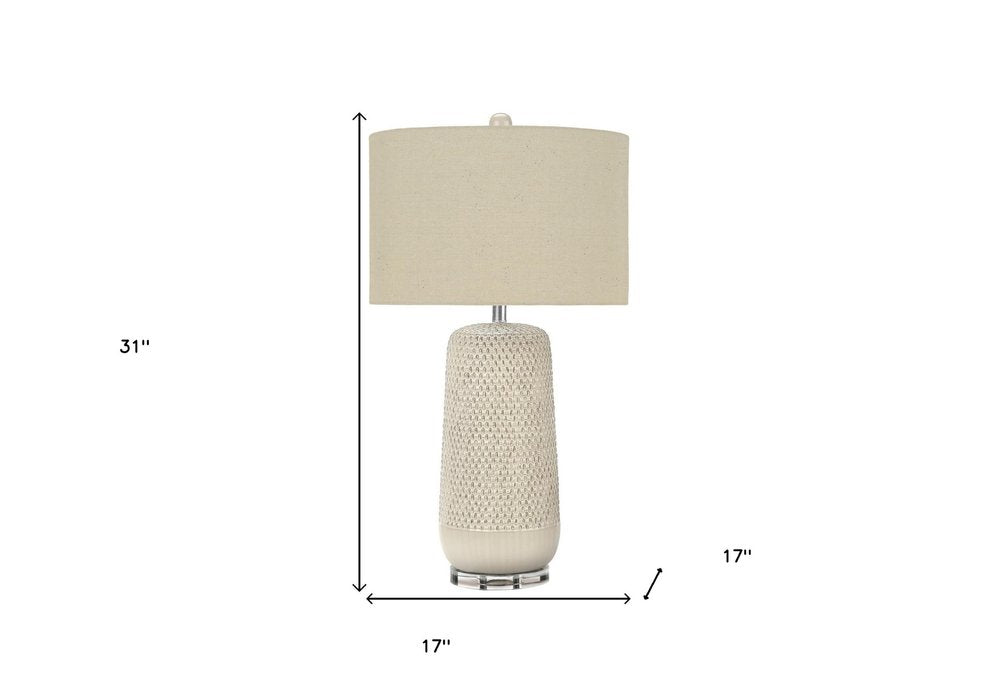 31" Cream Ceramic Geometric Table Lamp With Beige Drum Shade — view 7