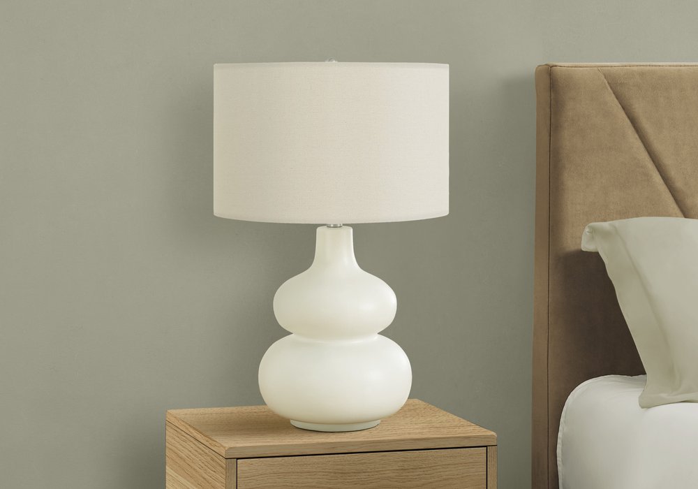 25" Cream Ceramic Gourd Table Lamp With Cream Drum Shade HomeRoots