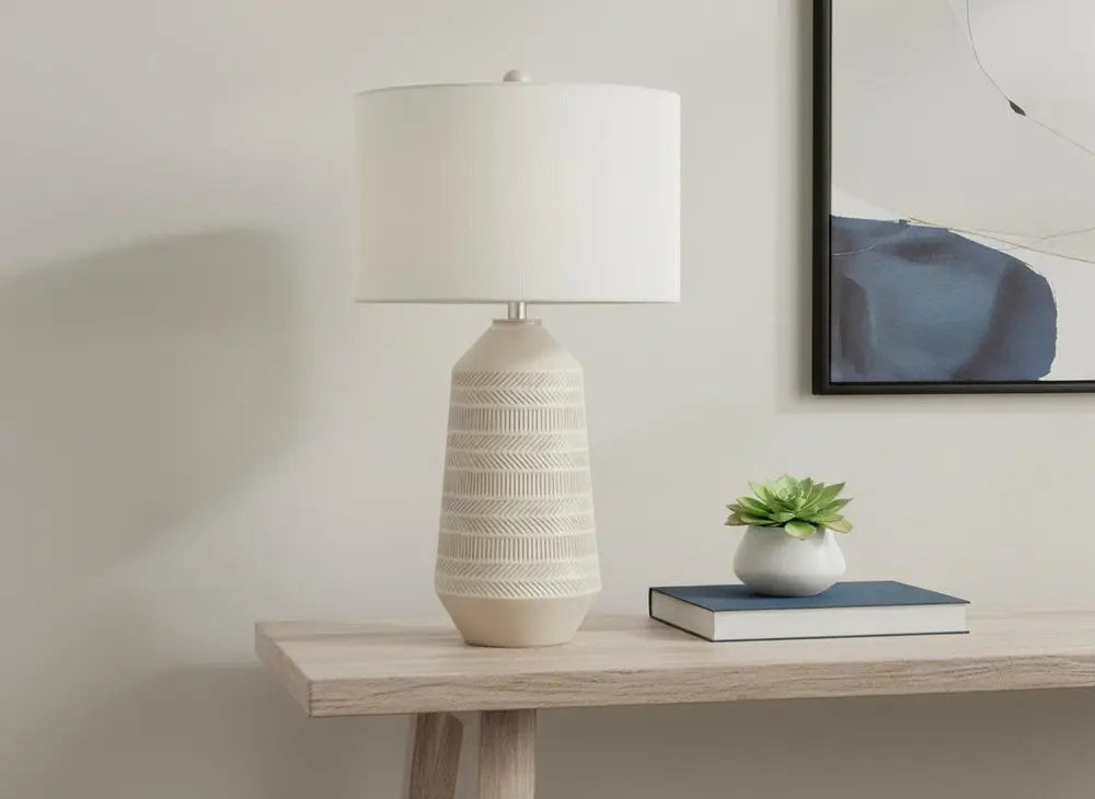 33" Ivory Ceramic Geometric Table Lamp With Cream Drum Shade HomeRoots