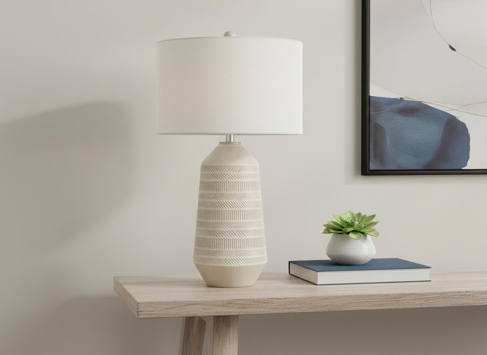 33" Ivory Ceramic Geometric Table Lamp With Cream Drum Shade HomeRoots