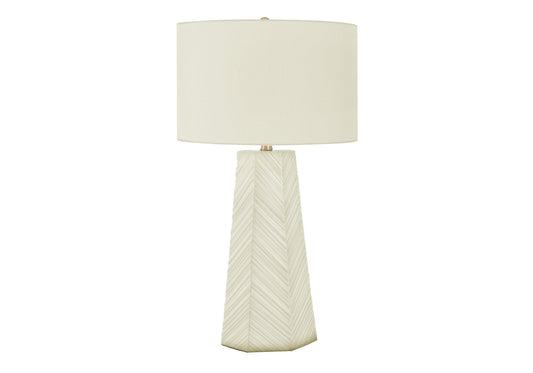 29" White Ceramic Geometric Table Lamp With Ivory Drum Shade - FurniFindUSA
