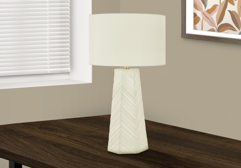 29" White Ceramic Geometric Table Lamp With Ivory Drum Shade — view 2
