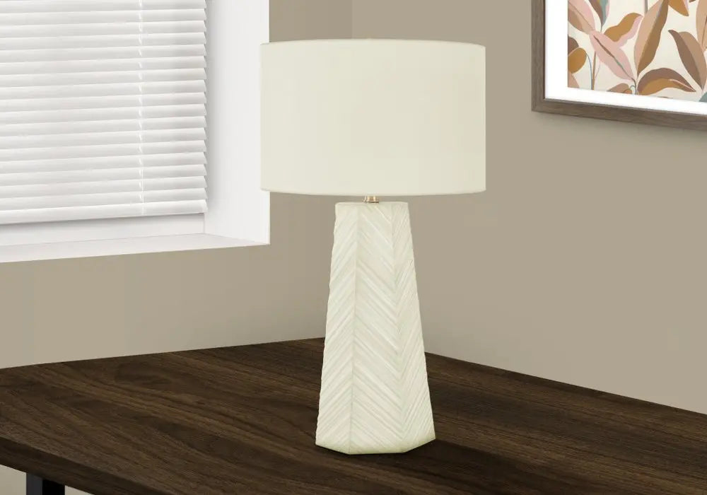 29" White Ceramic Geometric Table Lamp With Ivory Drum Shade HomeRoots