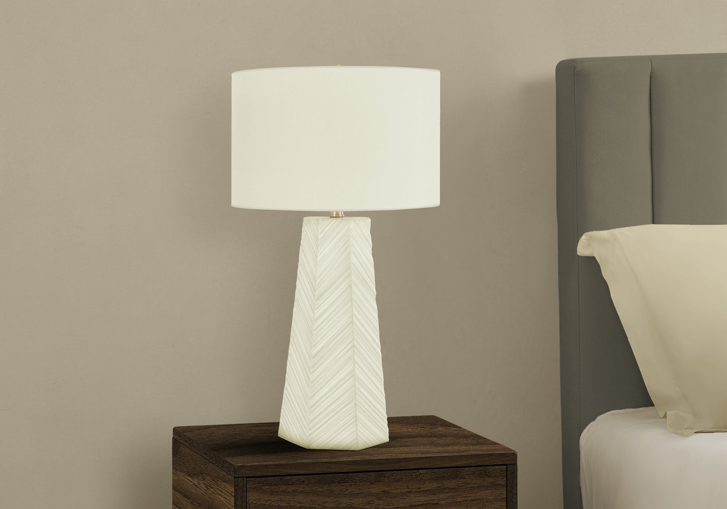 29" White Ceramic Geometric Table Lamp With Ivory Drum Shade