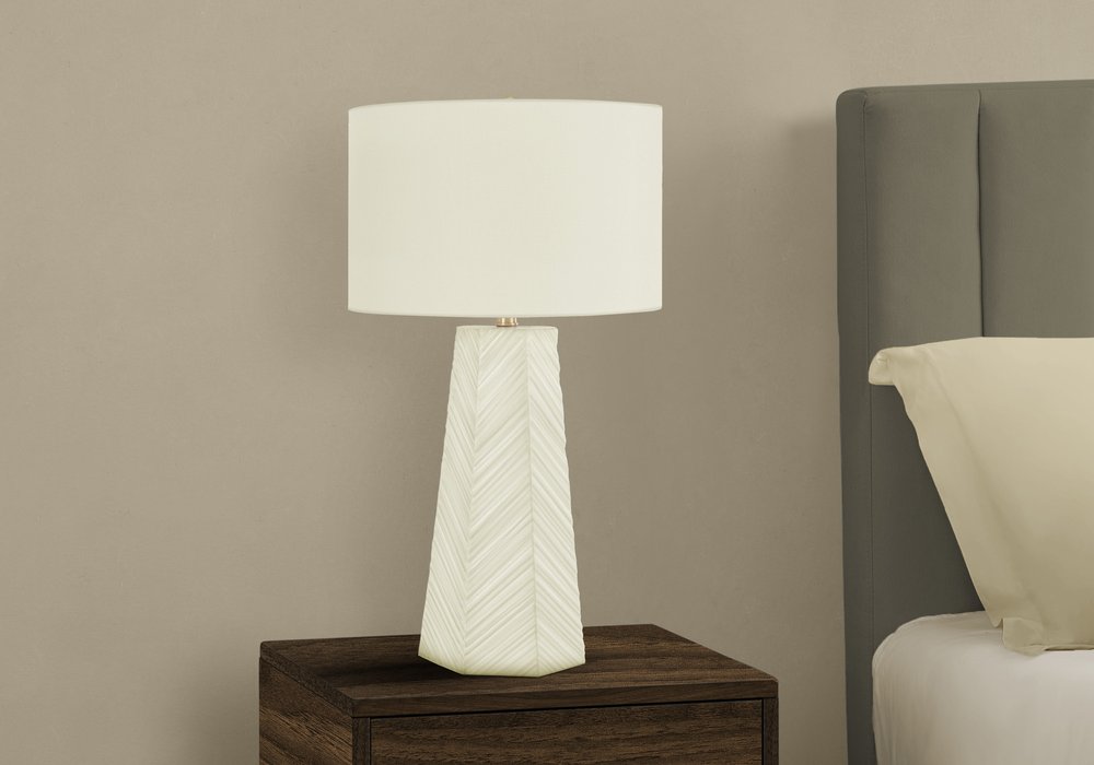 29" White Ceramic Geometric Table Lamp With Ivory Drum Shade — view 3
