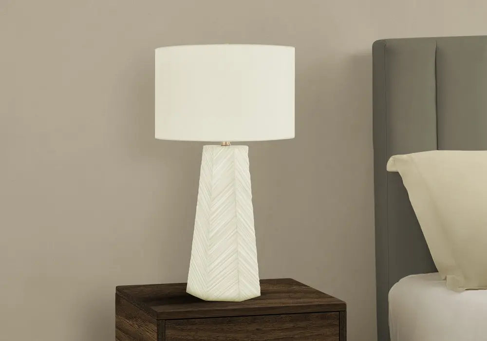 29" White Ceramic Geometric Table Lamp With Ivory Drum Shade HomeRoots