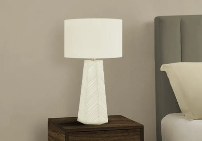 29" White Ceramic Geometric Table Lamp With Ivory Drum Shade HomeRoots