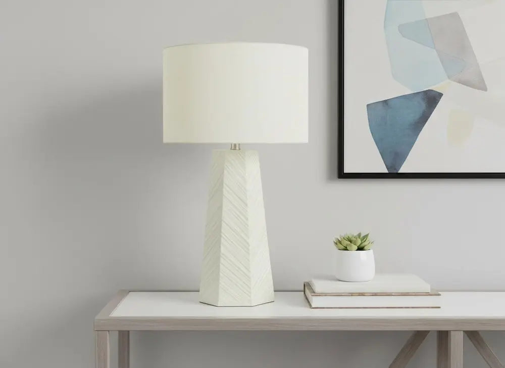 29" White Ceramic Geometric Table Lamp With Ivory Drum Shade HomeRoots