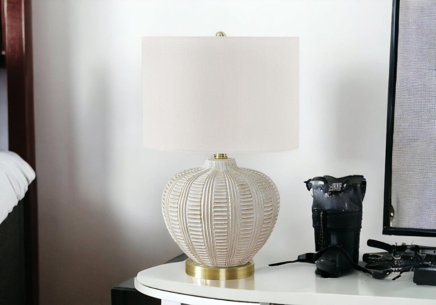 21" Gold and White Urn Table Lamp With Ivory Drum Shade - FurniFindUSA