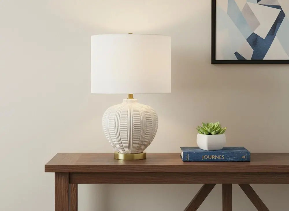 21" Gold and White Urn Table Lamp With Ivory Drum Shade HomeRoots