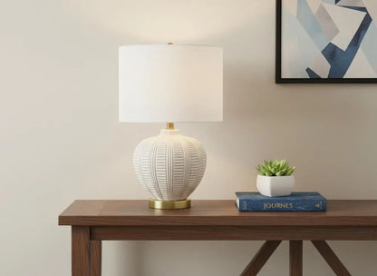 21" Gold and White Urn Table Lamp With Ivory Drum Shade HomeRoots