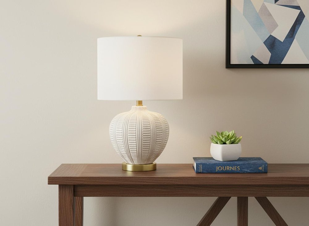 21" Gold and White Urn Table Lamp With Ivory Drum Shade HomeRoots