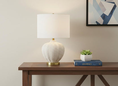 21" Gold and White Urn Table Lamp With Ivory Drum Shade
