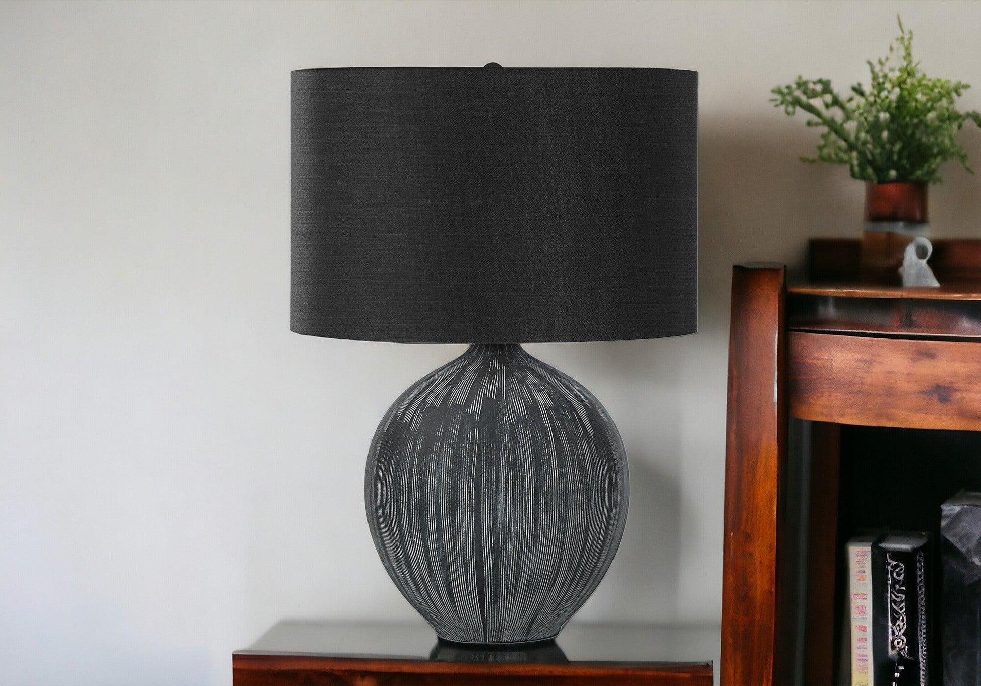 23" Black Ceramic Round Table Lamp With Black Drum Shade - FurniFindUSA