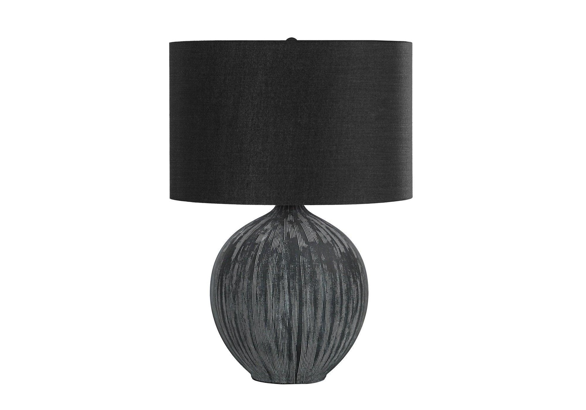 23" Black Ceramic Round Table Lamp With Black Drum Shade - FurniFindUSA