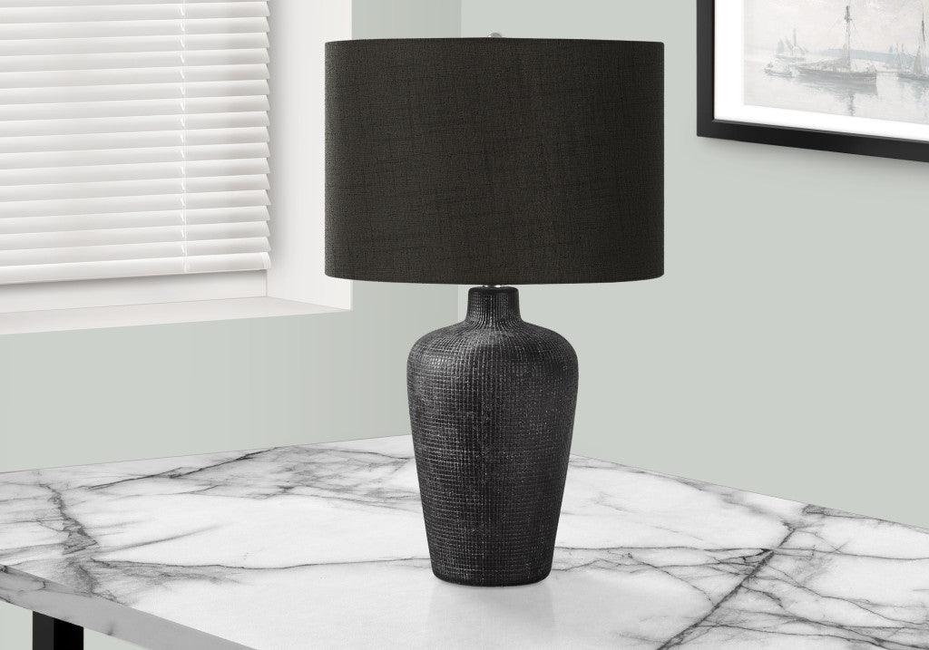24" Black Ceramic Round Table Lamp With Black Drum Shade - FurniFindUSA