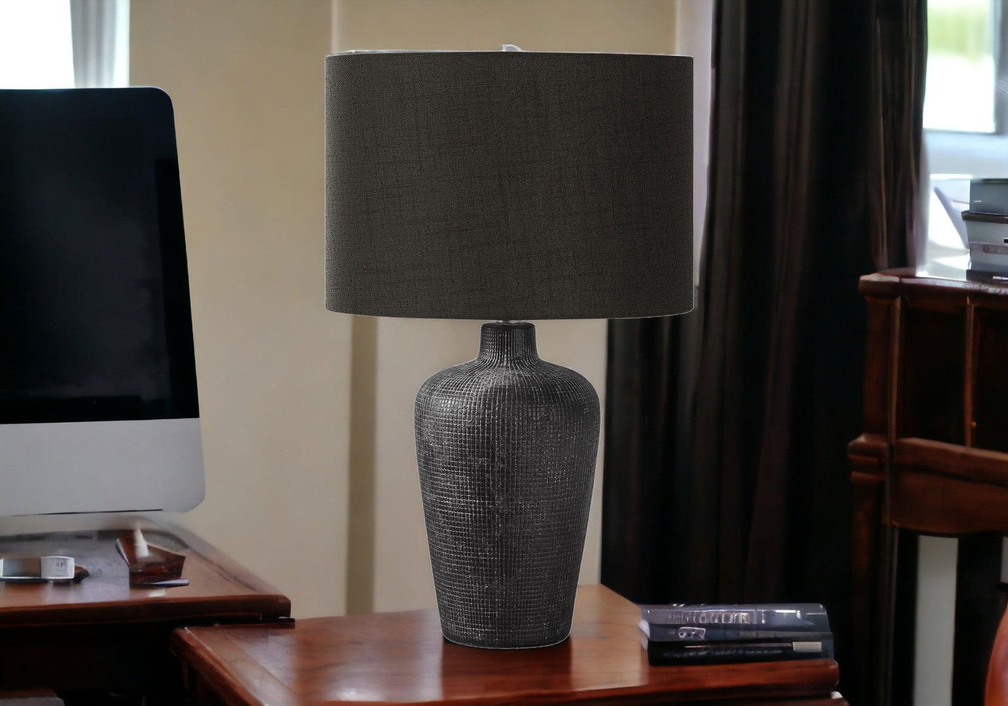 24" Black Ceramic Round Table Lamp With Black Drum Shade - FurniFindUSA