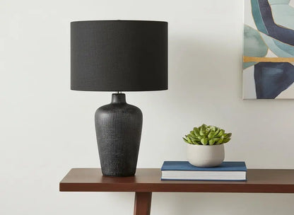 24" Black Ceramic Round Table Lamp With Black Drum Shade HomeRoots