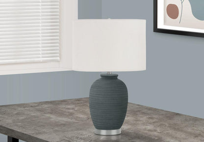 24" Blue and Silver Ceramic Round Table Lamp With Ivory Drum Shade - FurniFindUSA