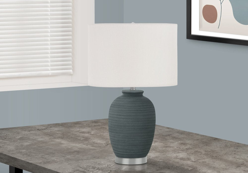 24" Blue and Silver Ceramic Round Table Lamp With Ivory Drum Shade — view 2