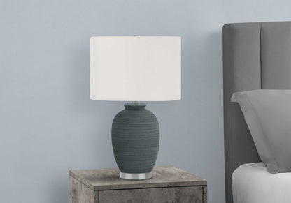 24" Blue and Silver Ceramic Round Table Lamp With Ivory Drum Shade HomeRoots