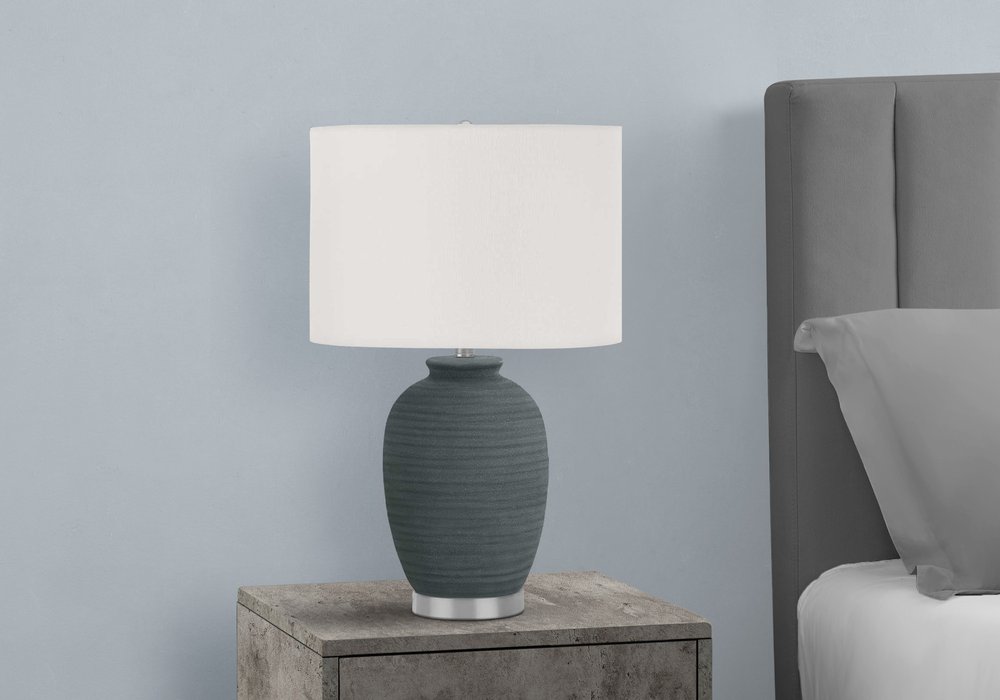 24" Blue and Silver Ceramic Round Table Lamp With Ivory Drum Shade — view 3
