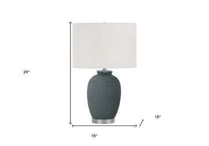 24" Blue and Silver Ceramic Round Table Lamp With Ivory Drum Shade HomeRoots