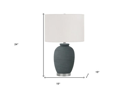 24" Blue and Silver Ceramic Round Table Lamp With Ivory Drum Shade HomeRoots