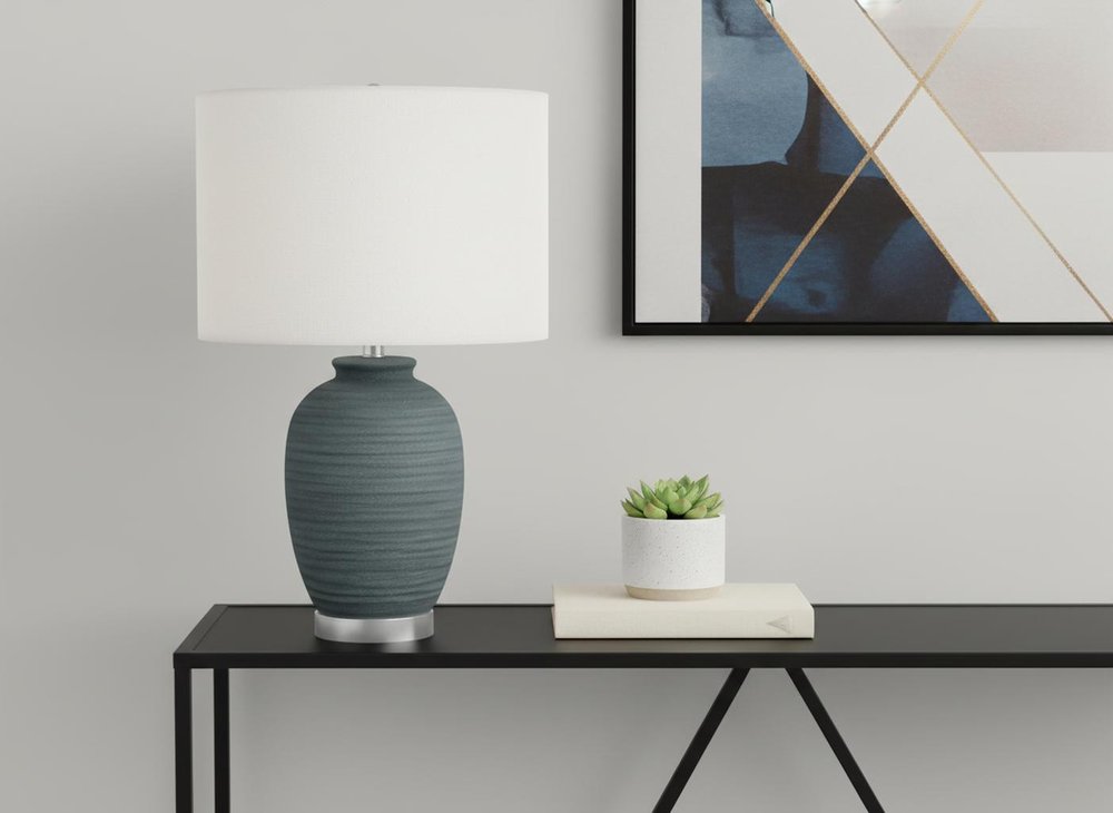 24" Blue and Silver Ceramic Round Table Lamp With Ivory Drum Shade HomeRoots