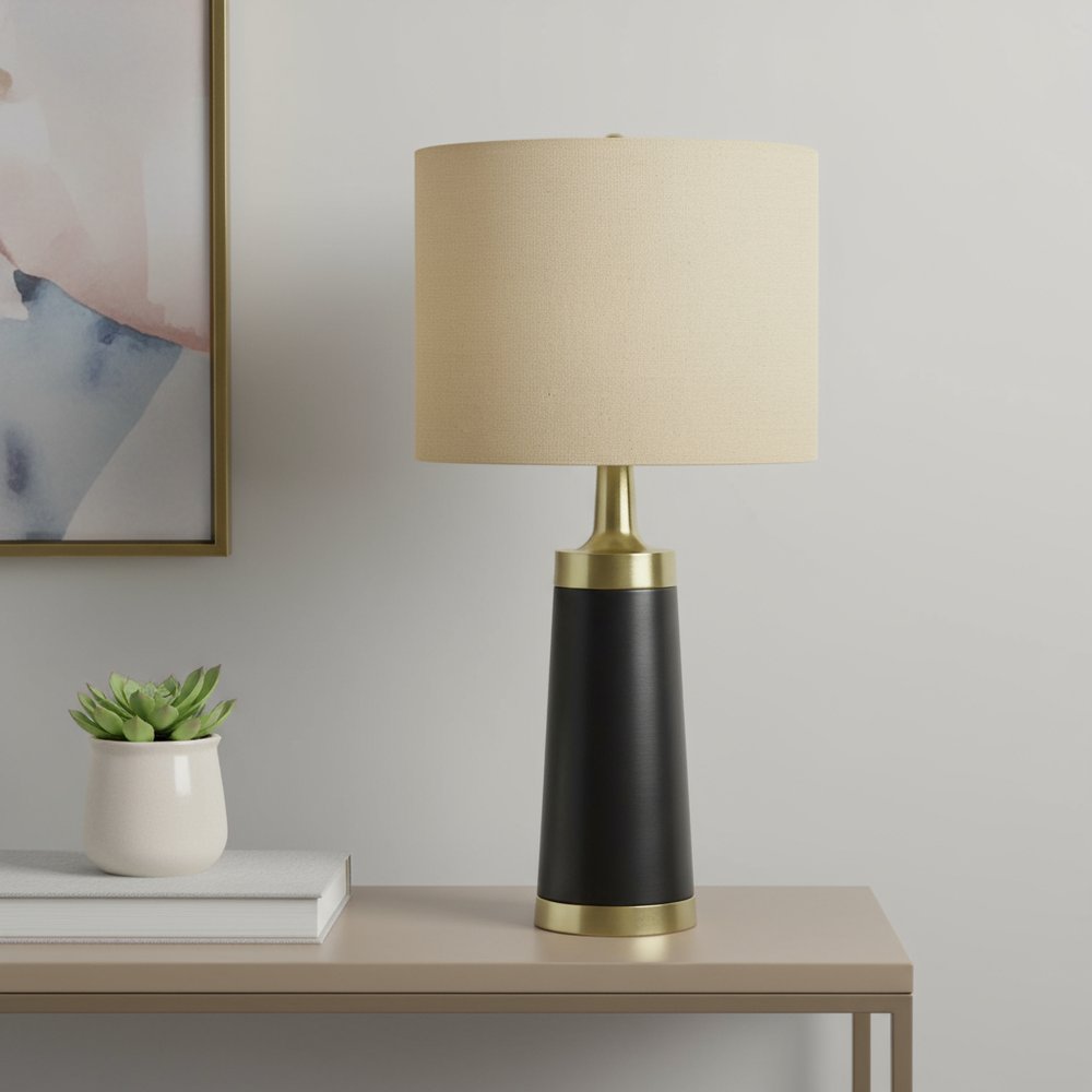 28" Black and Gold Metal Cylinder Table Lamp With Beige Drum Shade HomeRoots