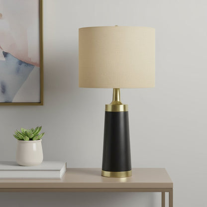 28" Black and Gold Metal Cylinder Table Lamp With Beige Drum Shade HomeRoots