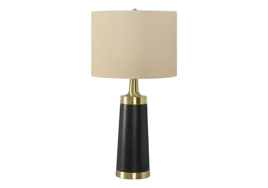 28" Black and Gold Metal Cylinder Table Lamp With Beige Drum Shade HomeRoots