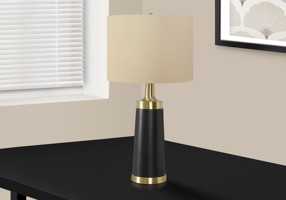 28" Black and Gold Metal Cylinder Table Lamp With Beige Drum Shade — view 2