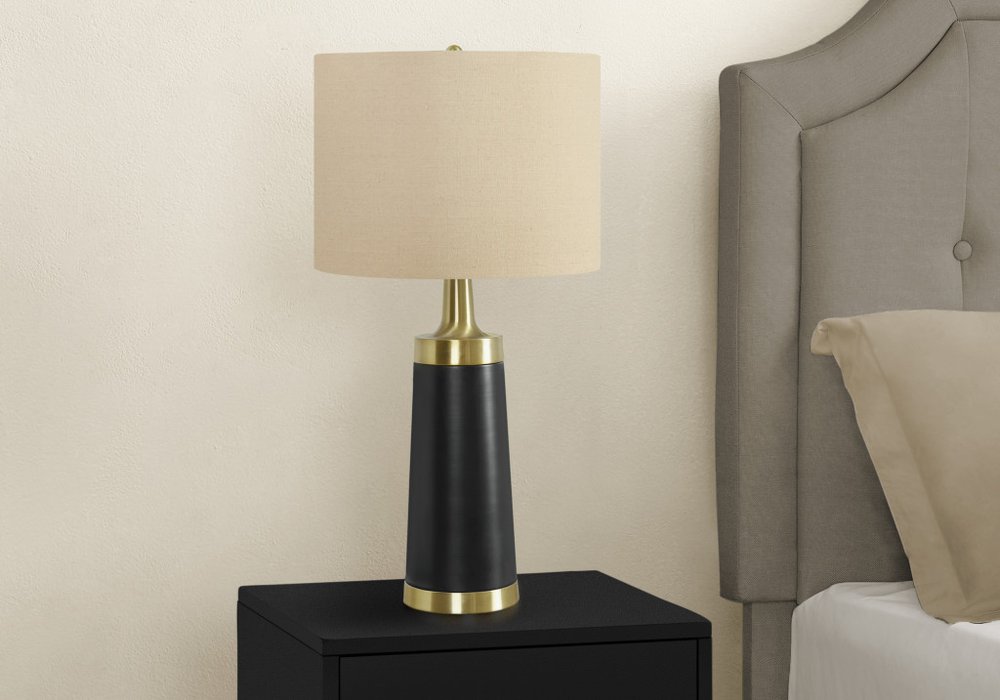28" Black and Gold Metal Cylinder Table Lamp With Beige Drum Shade HomeRoots