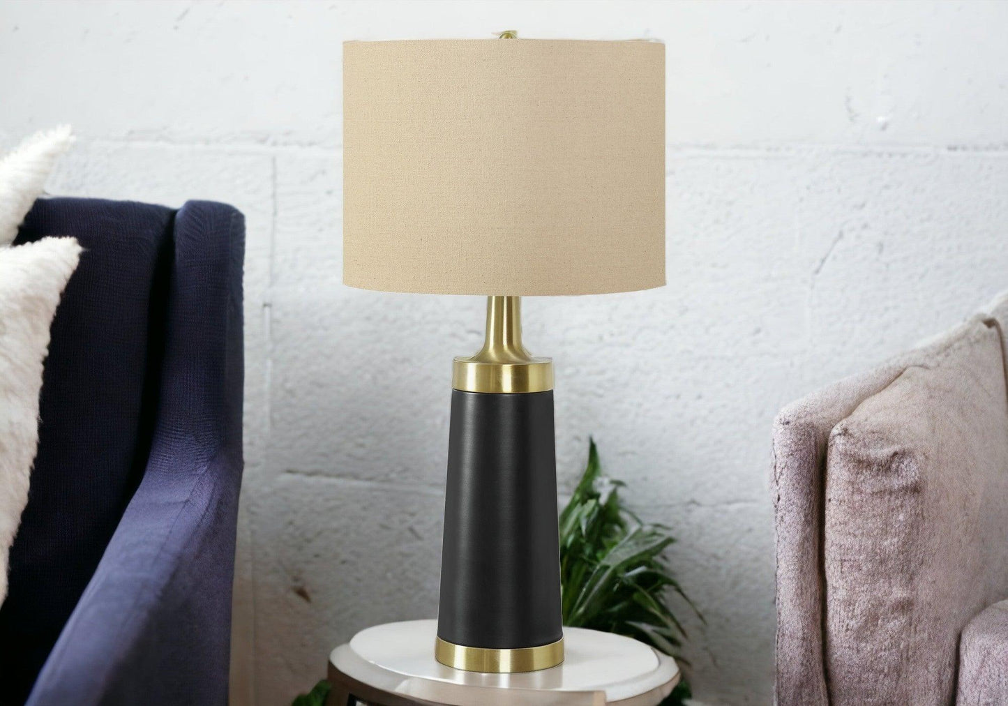 28" Black and Gold Metal Cylinder Table Lamp With Beige Drum Shade - FurniFindUSA