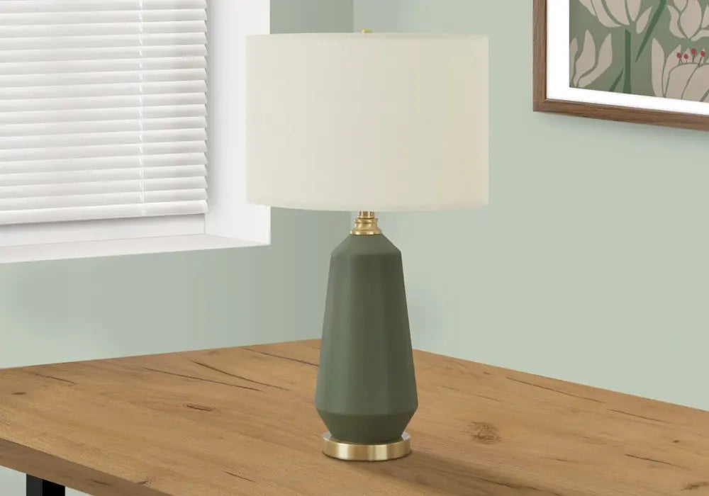 26" Green Ceramic Geometric Table Lamp With Ivory Drum Shade HomeRoots