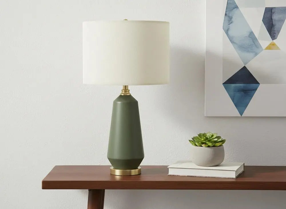 26" Green Ceramic Geometric Table Lamp With Ivory Drum Shade HomeRoots