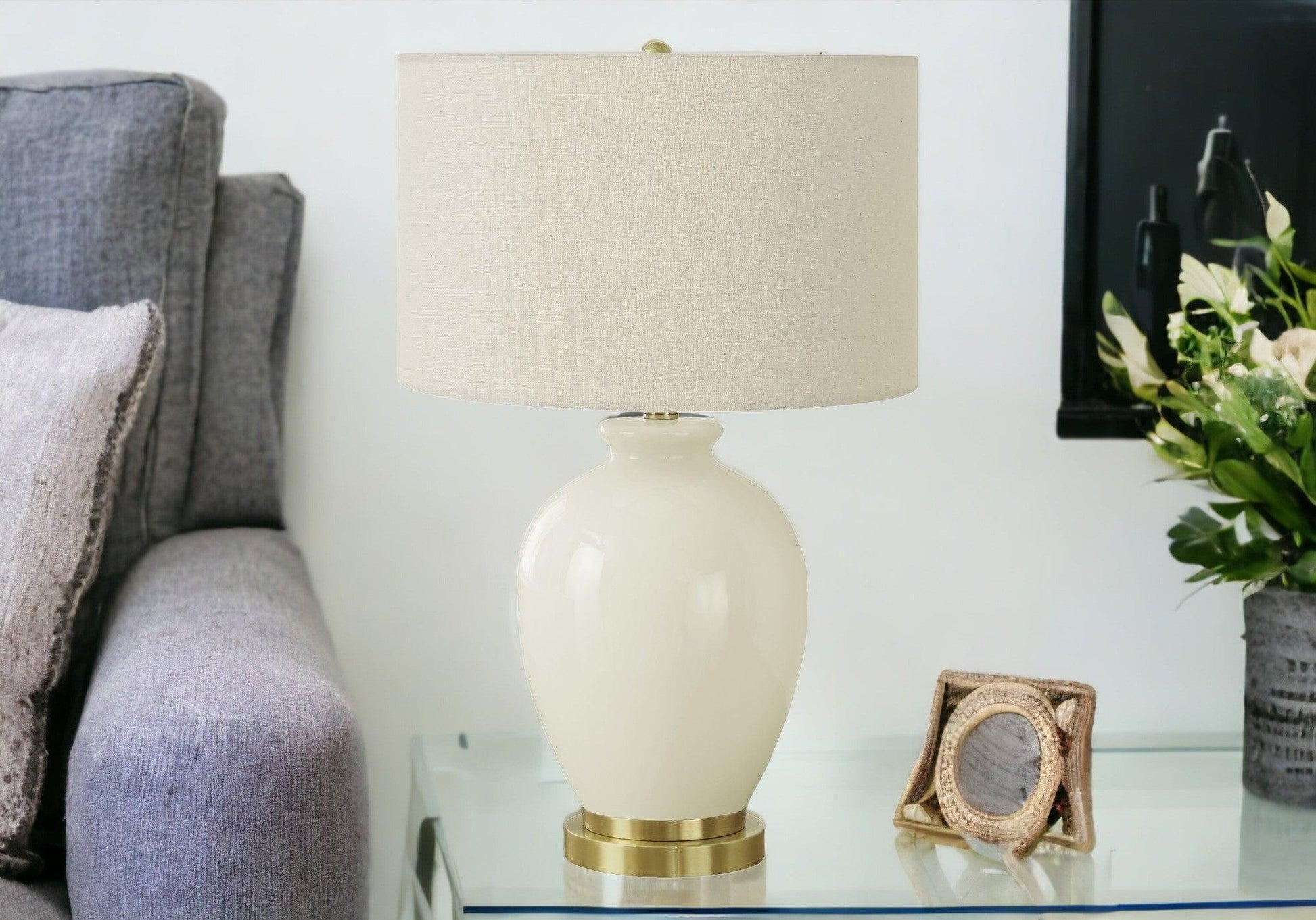 26" Gold and Ivory Ceramic Urn Table Lamp With Cream Drum Shade - FurniFindUSA