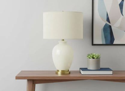 26" Gold and Ivory Ceramic Urn Table Lamp With Cream Drum Shade HomeRoots