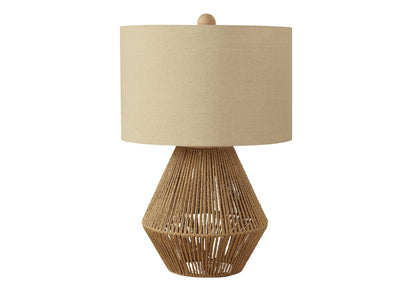 22" Brown Rattan Geometric Table Lamp With Beige Drum Shade - FurniFindUSA