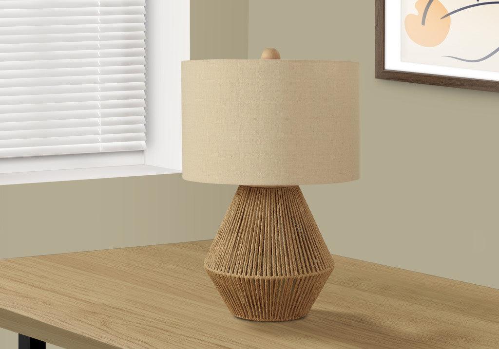 22" Brown Rattan Geometric Table Lamp With Beige Drum Shade - FurniFindUSA