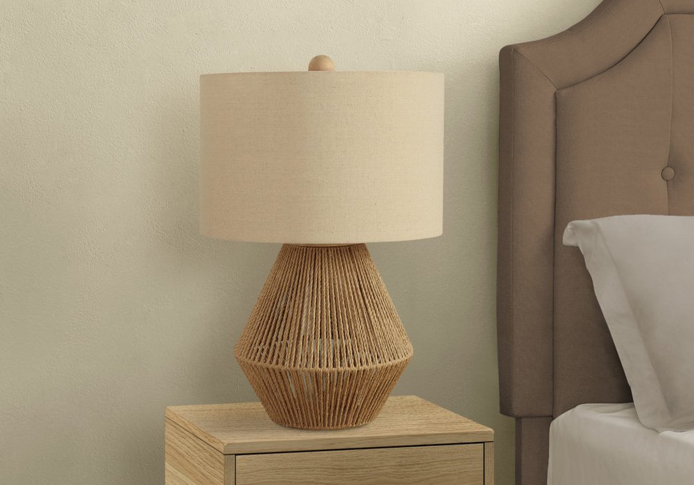 22" Brown Rattan Geometric Table Lamp With Beige Drum Shade — view 3